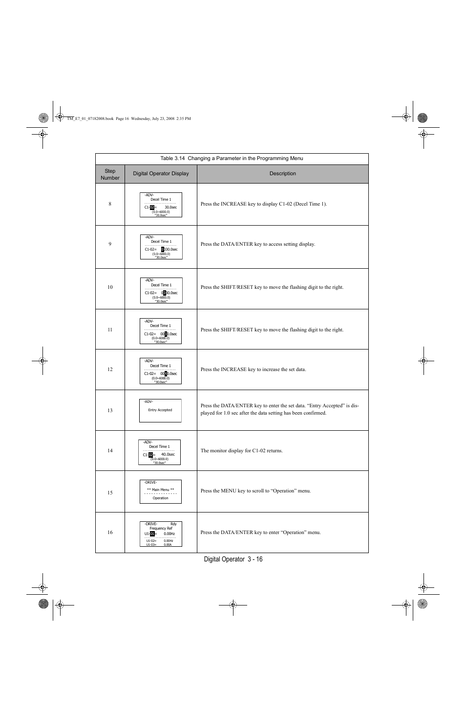 Digital operator 3 - 16 | Yaskawa E7 Drive User Manual User Manual | Page 64 / 244