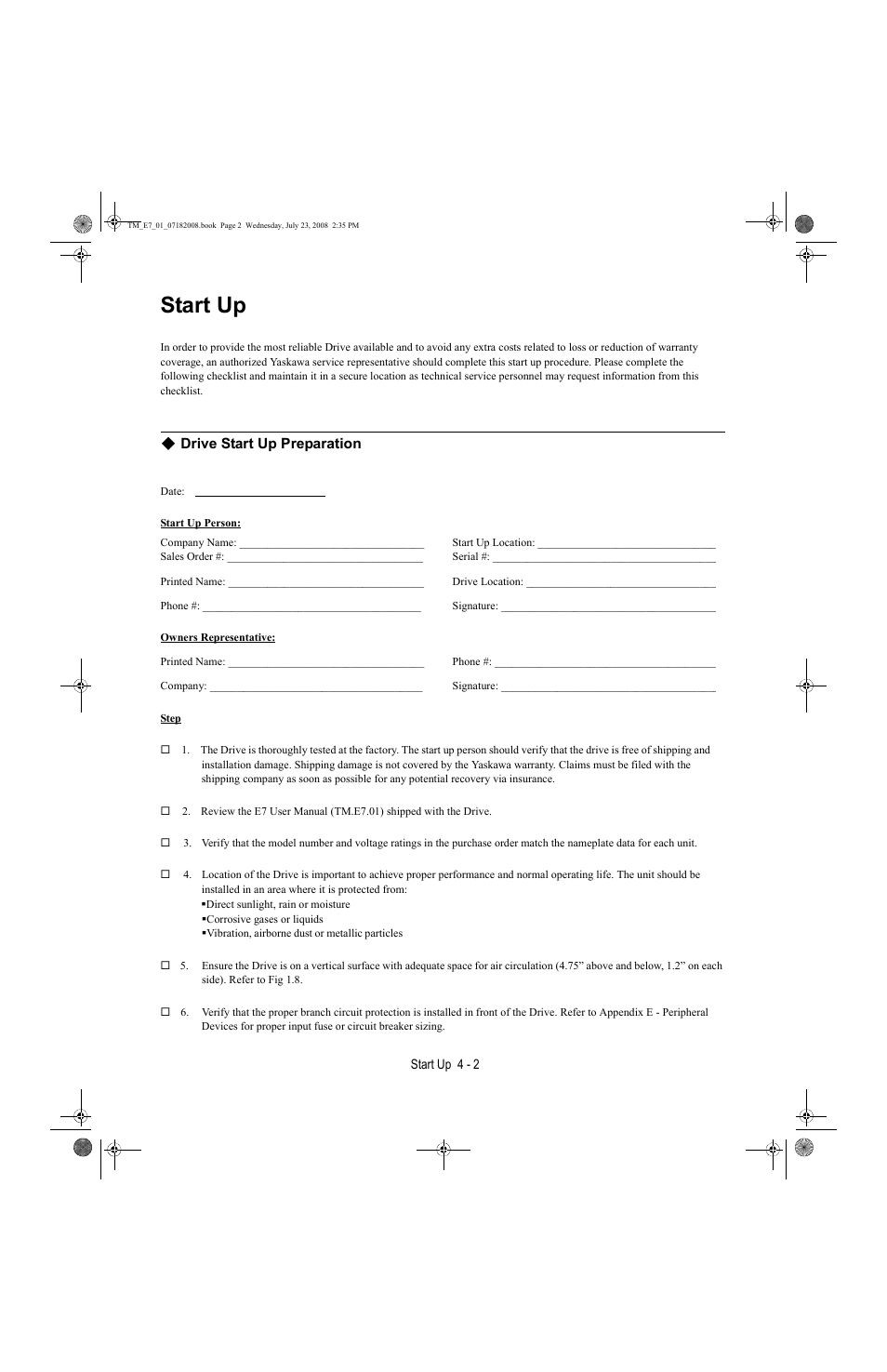 Start up, Drive start up preparation -2, Drive start up preparation | Yaskawa E7 Drive User Manual User Manual | Page 66 / 244