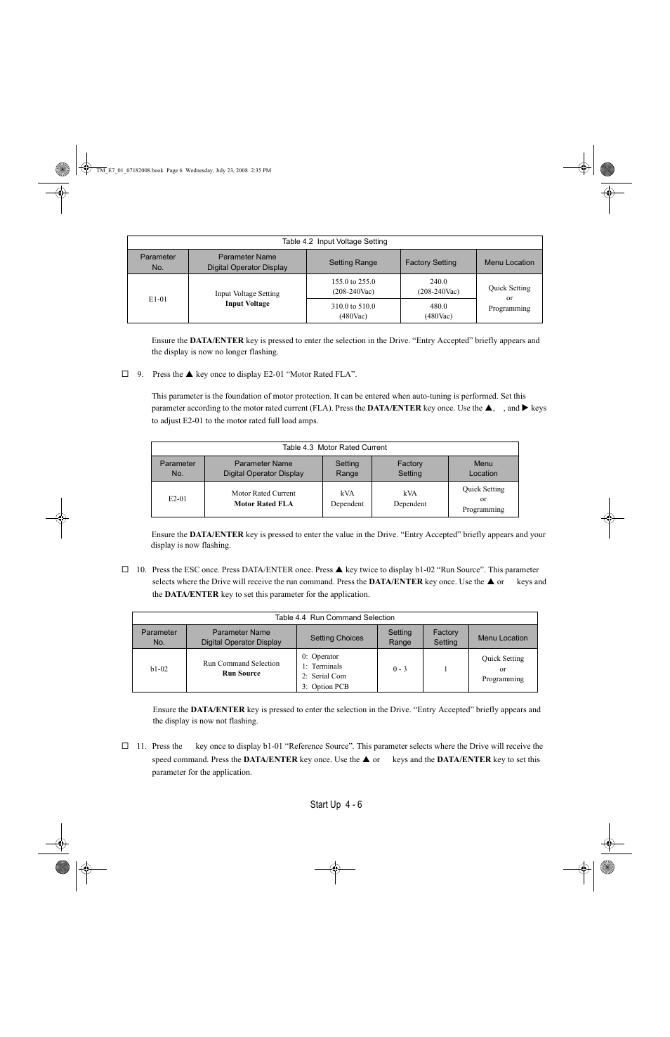 Start up 4 - 6 | Yaskawa E7 Drive User Manual User Manual | Page 70 / 244