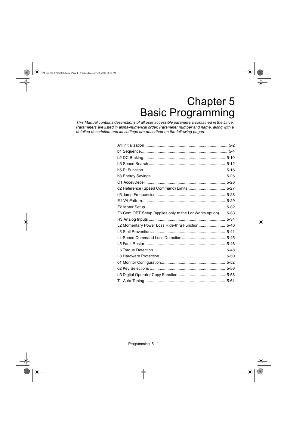 Basic programming, Chapter 5 - basic programming -1, Chapter 5 basic programming | Yaskawa E7 Drive User Manual User Manual | Page 75 / 244