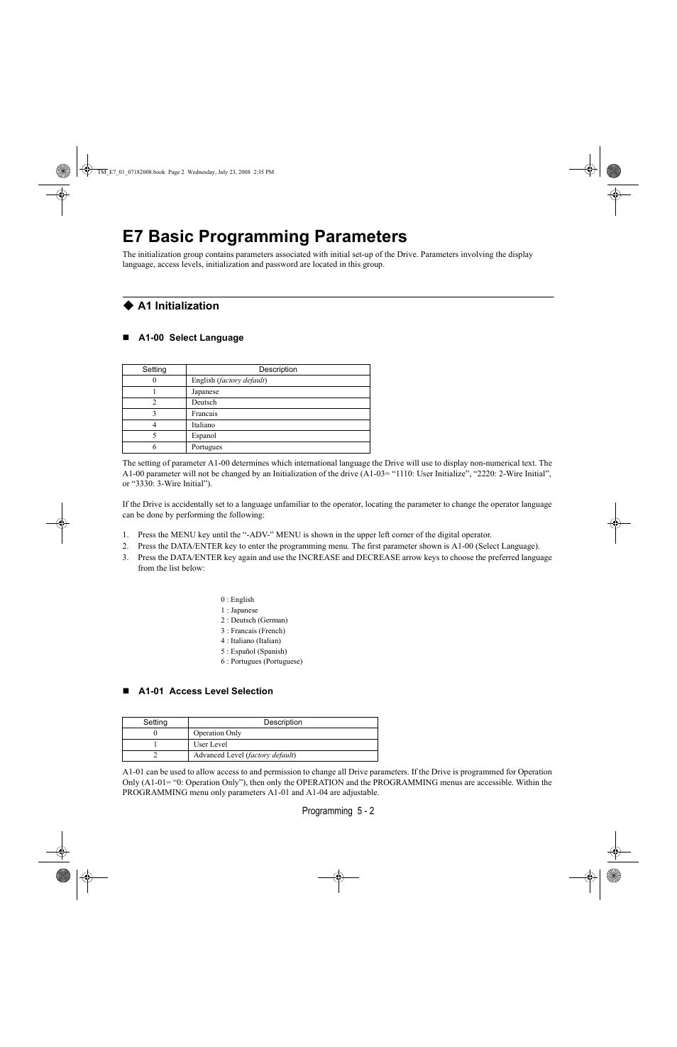 E7 basic programming parameters, A1 initialization -2, A1 initialization | Yaskawa E7 Drive User Manual User Manual | Page 76 / 244