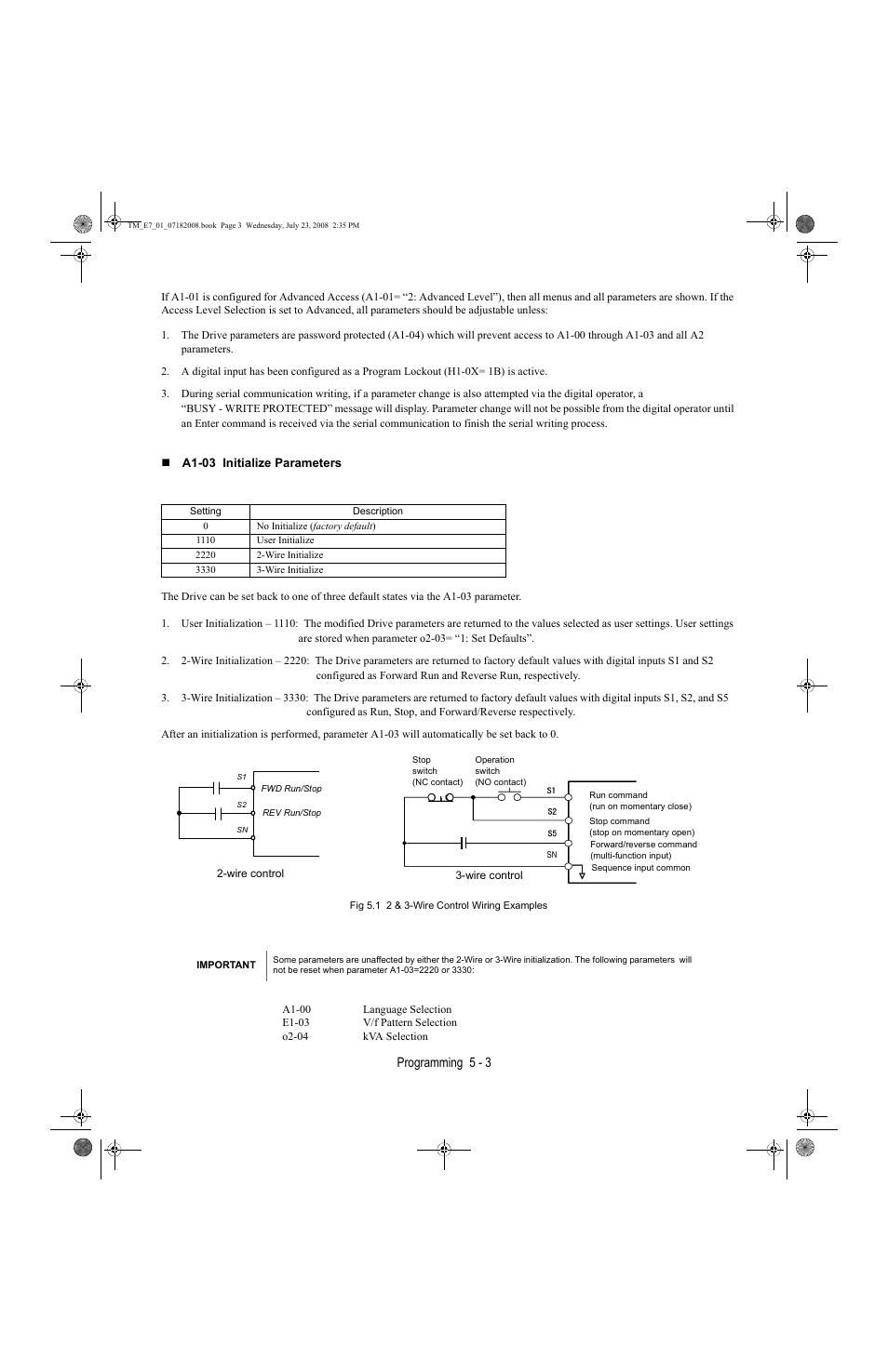 Programming 5 - 3 | Yaskawa E7 Drive User Manual User Manual | Page 77 / 244