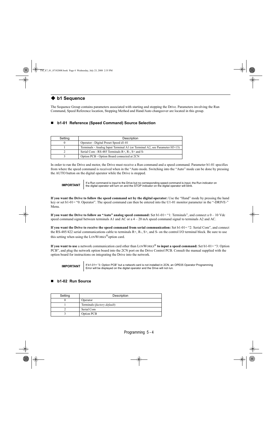 B1 sequence -4, B1 sequence, Programming 5 - 4 | Yaskawa E7 Drive User Manual User Manual | Page 78 / 244