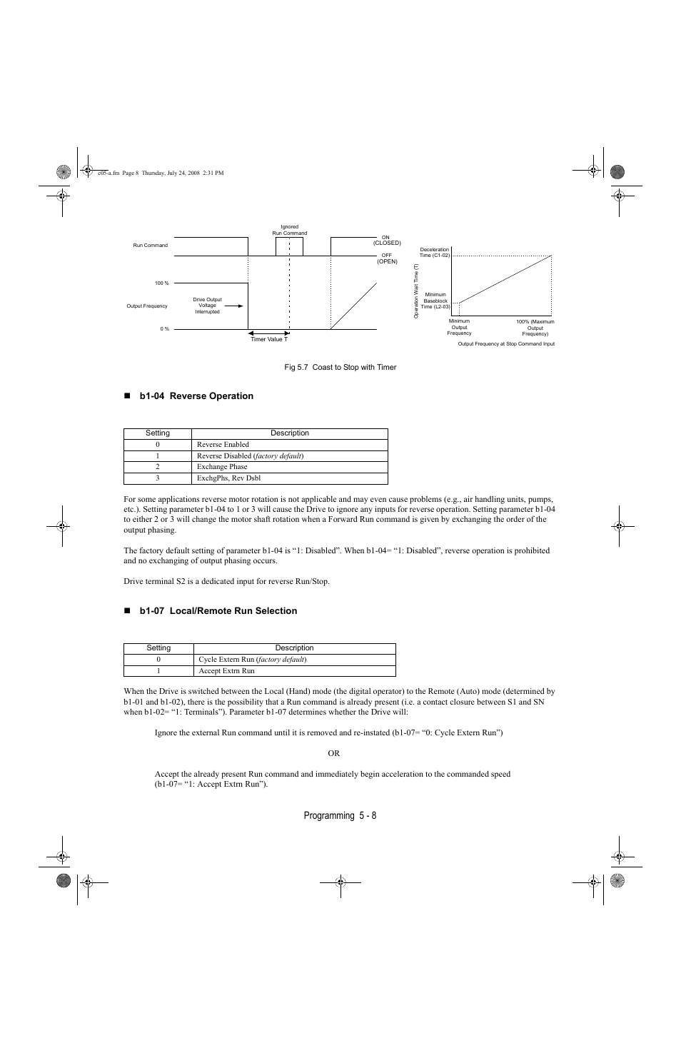 Programming 5 - 8, B1-04 reverse operation, B1-07 local/remote run selection | Yaskawa E7 Drive User Manual User Manual | Page 82 / 244