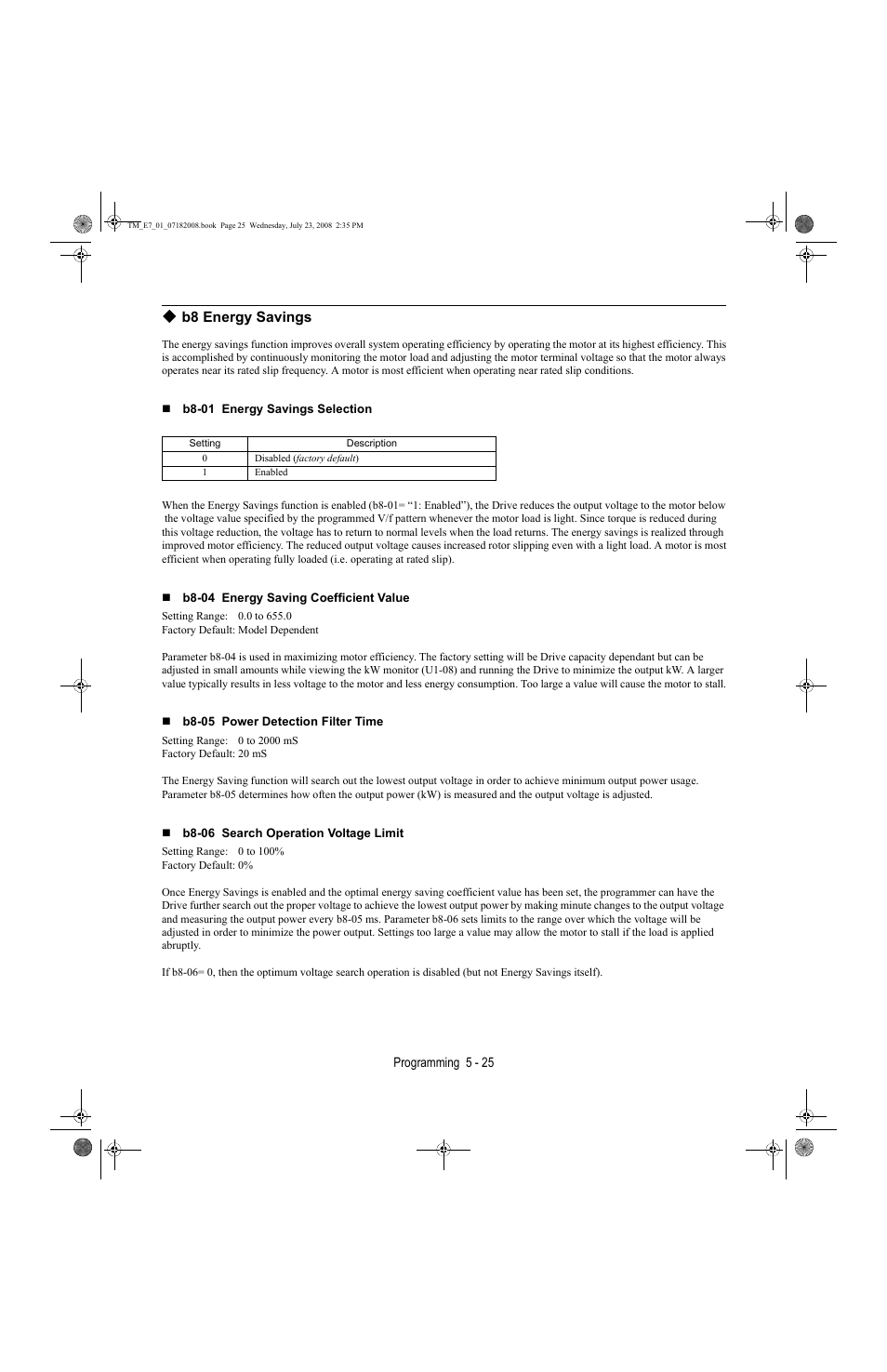 B8 energy savings -25 | Yaskawa E7 Drive User Manual User Manual | Page 99 / 244