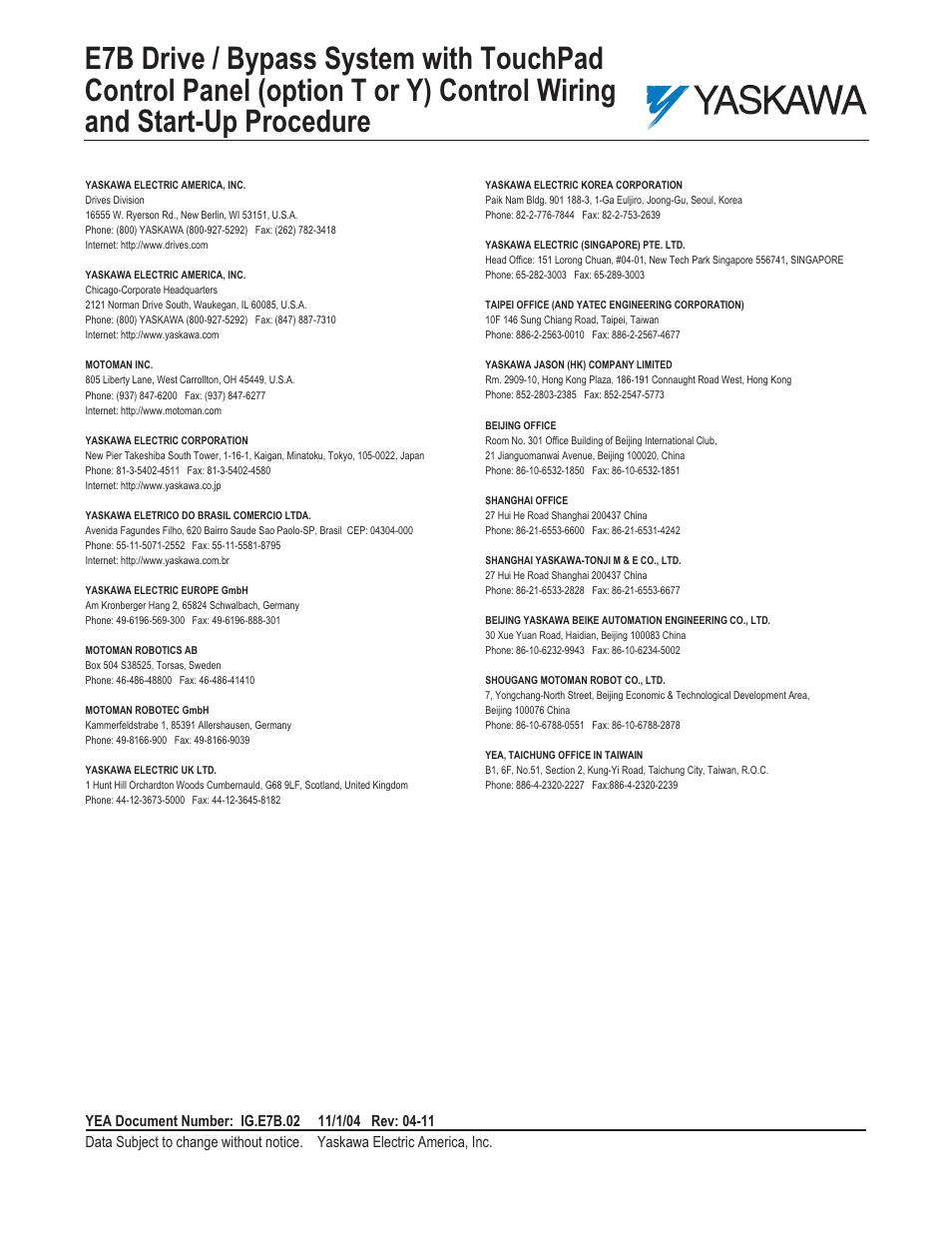 Yaskawa E7B Drive Bypass System User Manual | Page 50 / 50