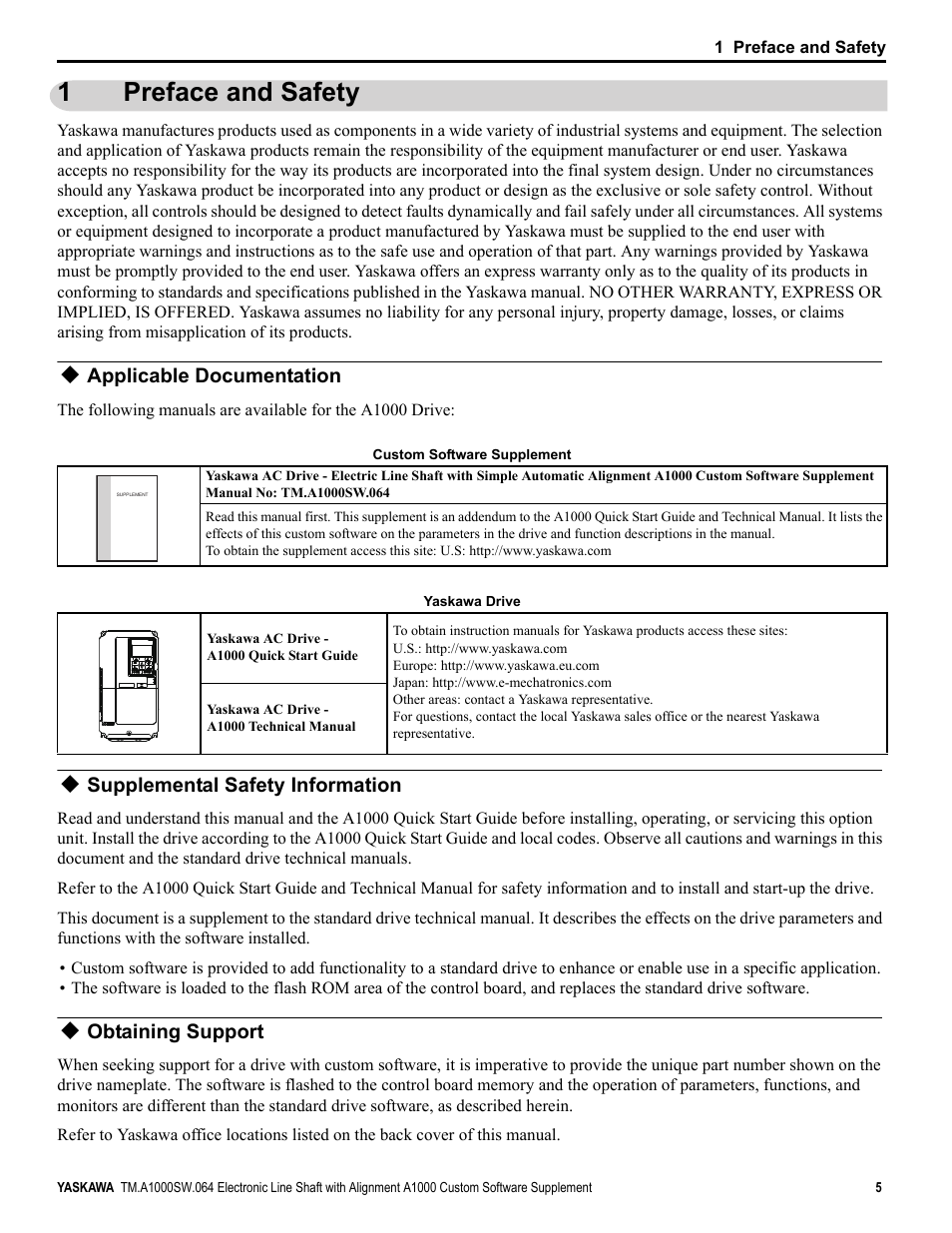 1 preface and safety, Applicable documentation, Supplemental safety information | Obtaining support, Preface and safety, 1preface and safety | Yaskawa A1000 User Manual | Page 5 / 46