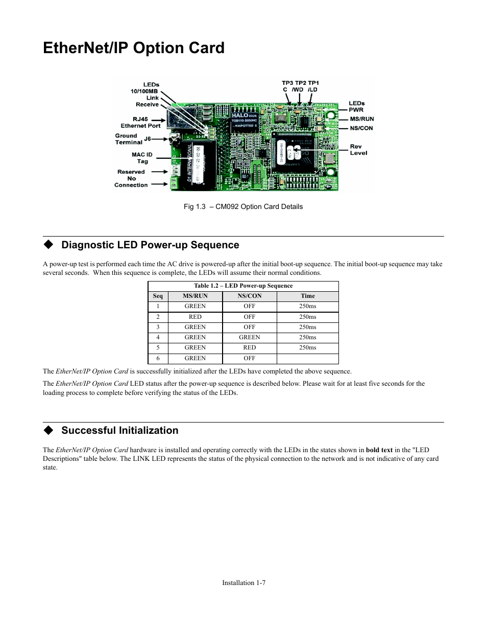 Ethernet/ip option card, Ethernet/ip option card -7, Diagnostic led power-up sequence | Successful initialization | Yaskawa CM092 User Manual | Page 12 / 82
