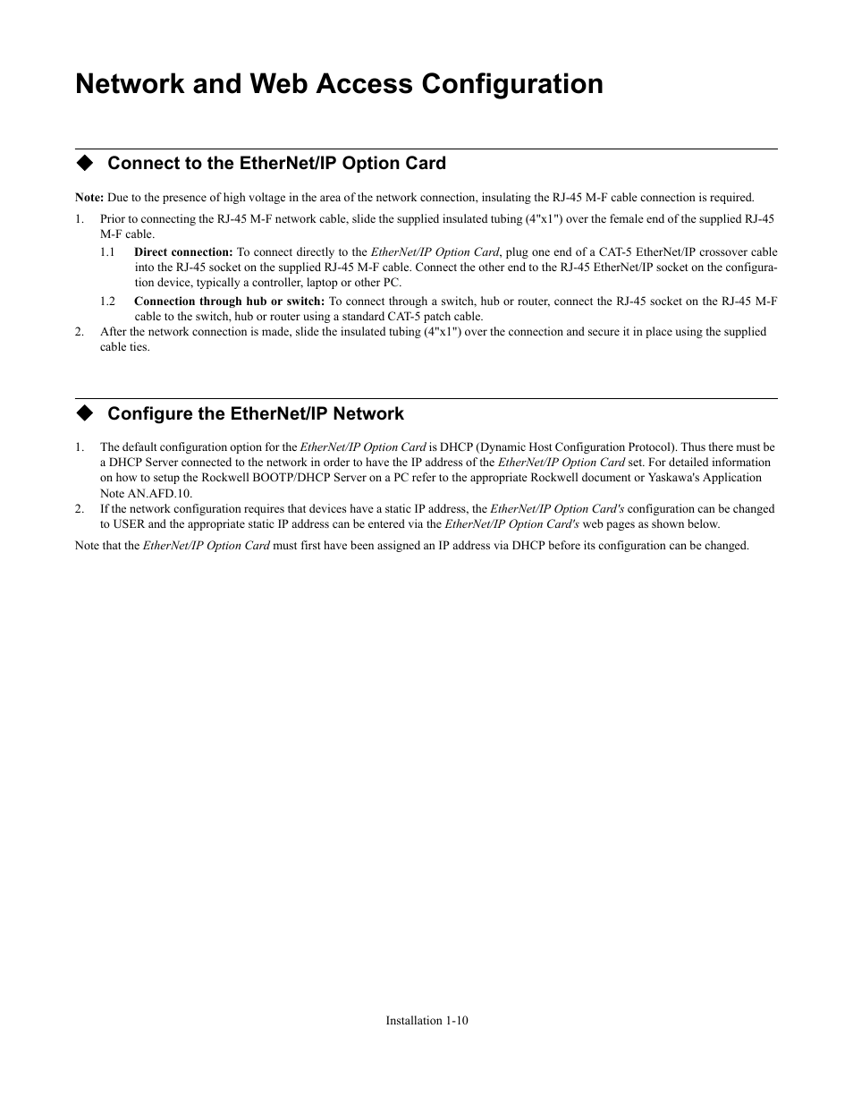 Network and web access configuration, Network and web access configuration -10, Connect to the ethernet/ip option card | Configure the ethernet/ip network | Yaskawa CM092 User Manual | Page 15 / 82