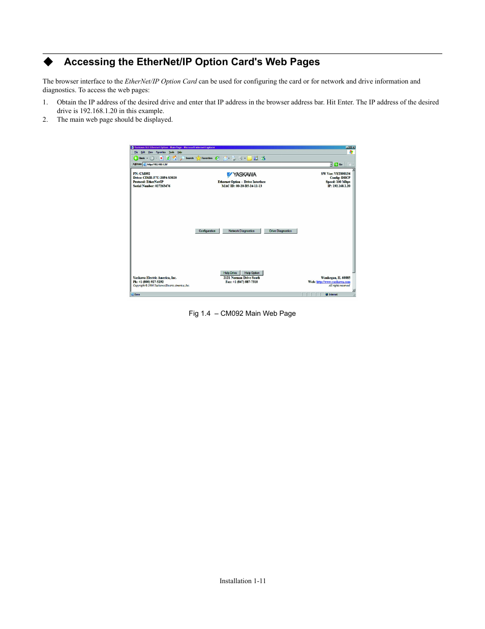 Accessing the ethernet/ip option card's web pages | Yaskawa CM092 User Manual | Page 16 / 82