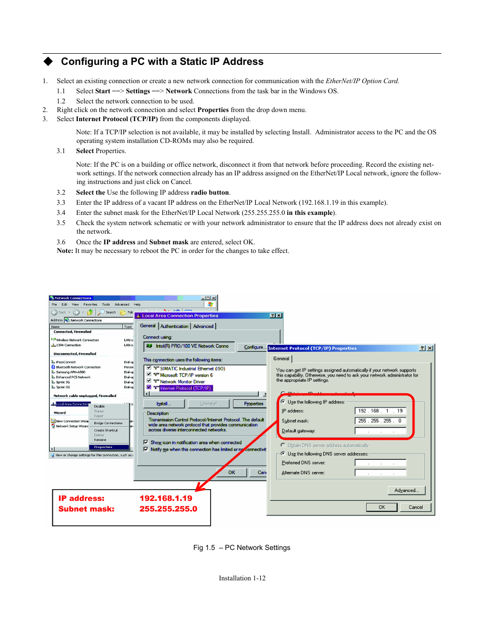 Configuring a pc with a static ip address | Yaskawa CM092 User Manual | Page 17 / 82