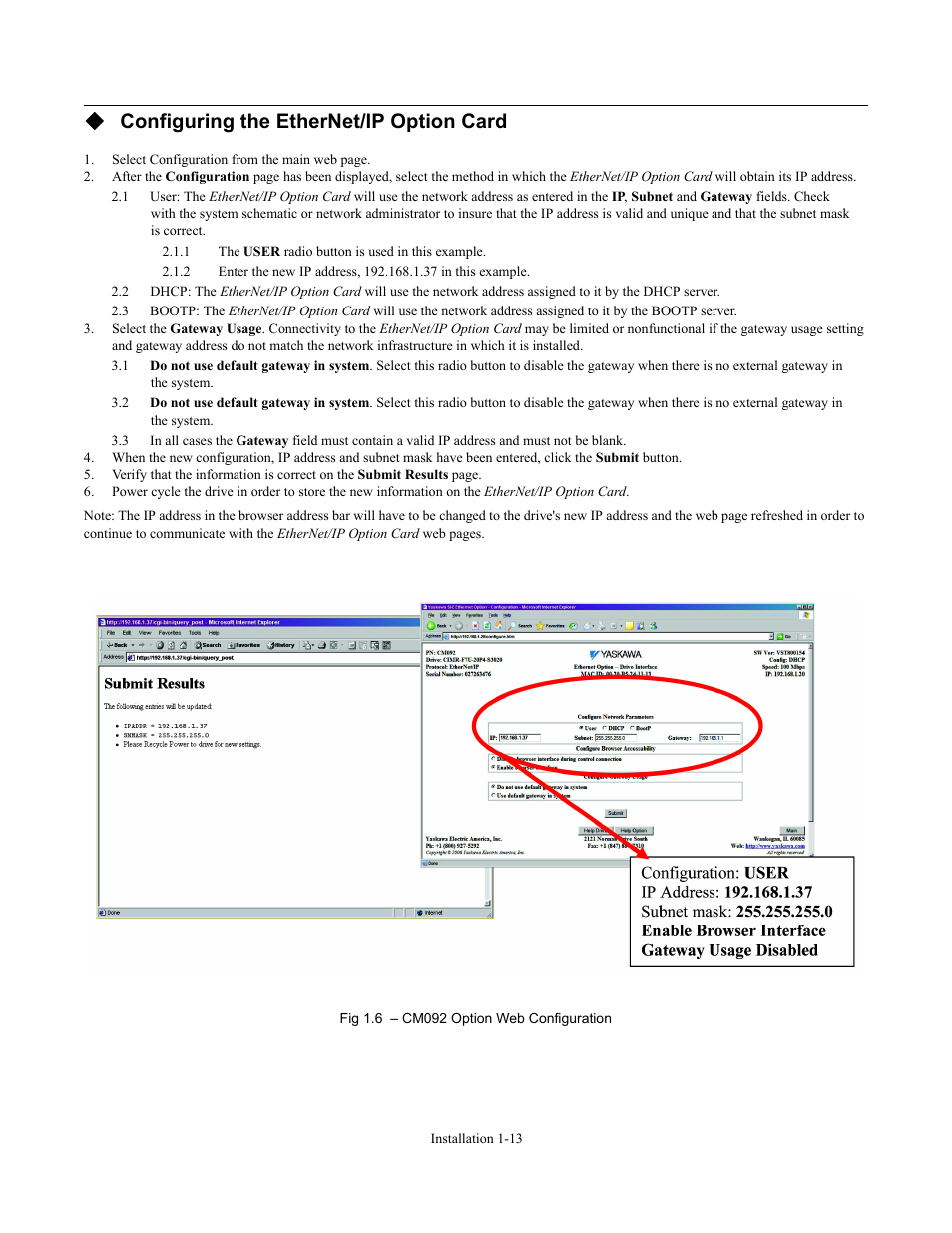 Configuring the ethernet/ip option card | Yaskawa CM092 User Manual | Page 18 / 82
