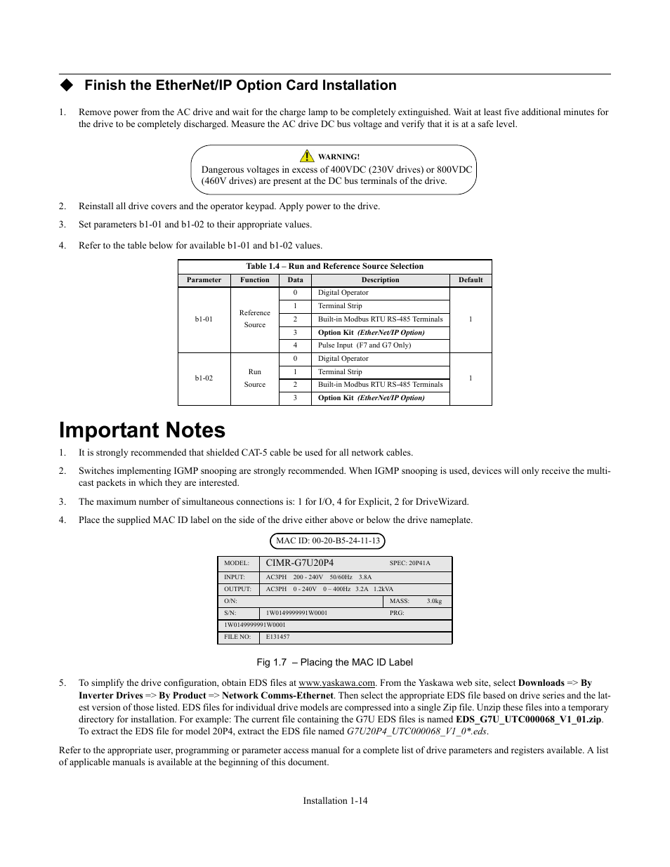 Important notes, Important notes -14, Finish the ethernet/ip option card installation | Yaskawa CM092 User Manual | Page 19 / 82