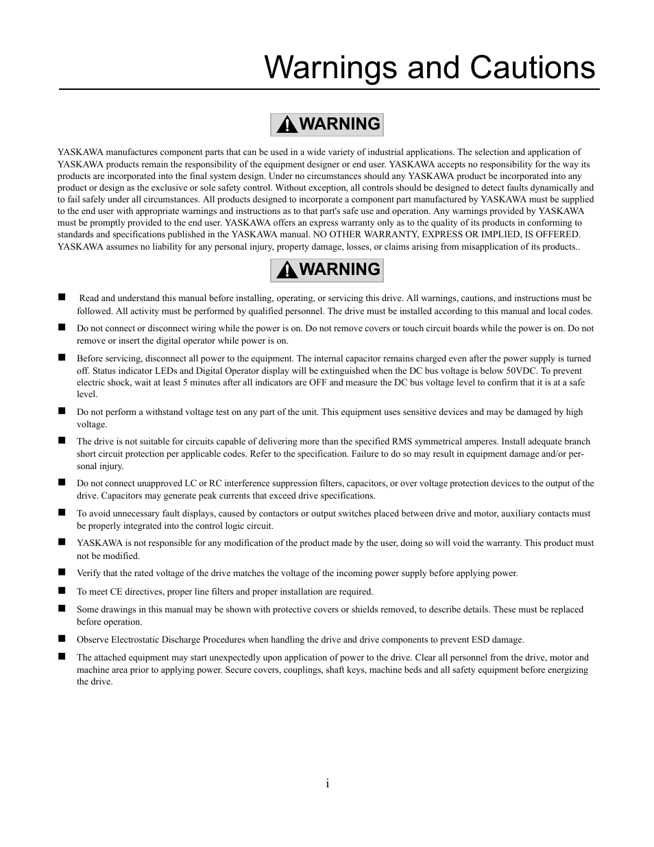 Warnings and cautions, Warning | Yaskawa CM092 User Manual | Page 2 / 82