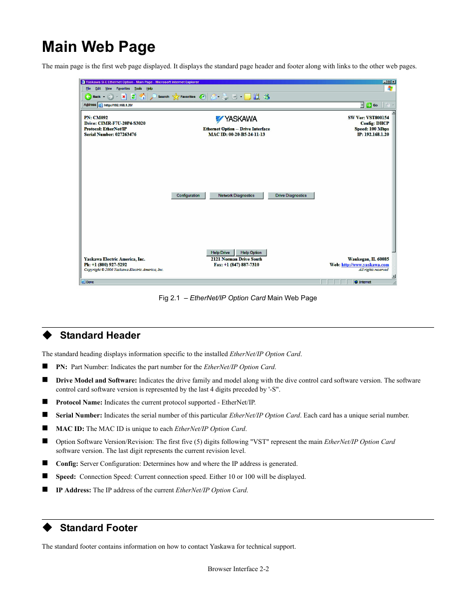 Main web page, Standard header, Standard footer | Yaskawa CM092 User Manual | Page 25 / 82