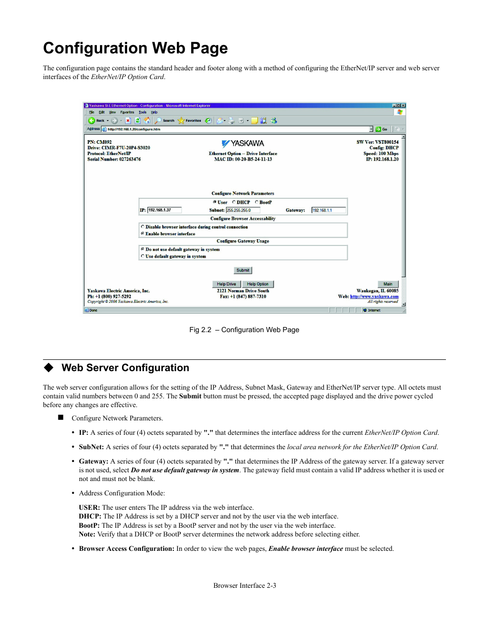 Configuration web page, Web server configuration | Yaskawa CM092 User Manual | Page 26 / 82