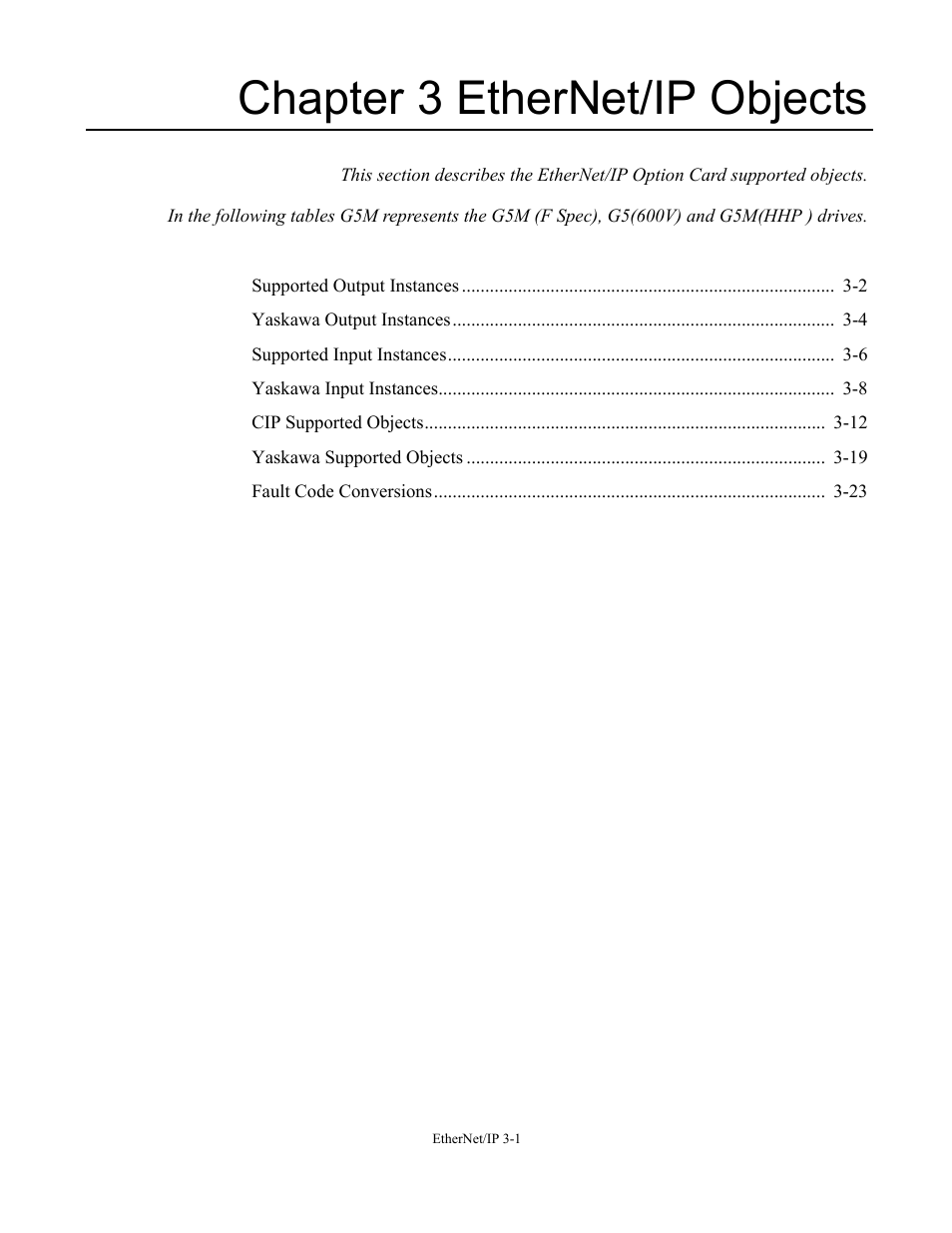Chapter 3 ethernet/ip objects, Chapter 3 ethernet/ip objects -1 | Yaskawa CM092 User Manual | Page 30 / 82