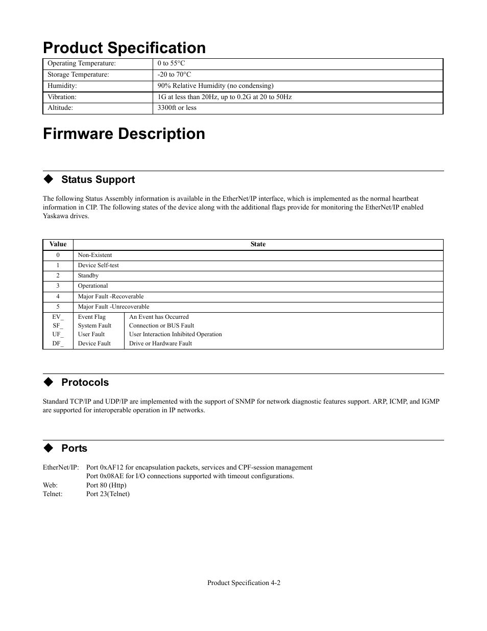 Product specification, Firmware description, Product specification -2 | Firmware description -2, Product specification firmware description, Status support, Protocols, Ports | Yaskawa CM092 User Manual | Page 55 / 82