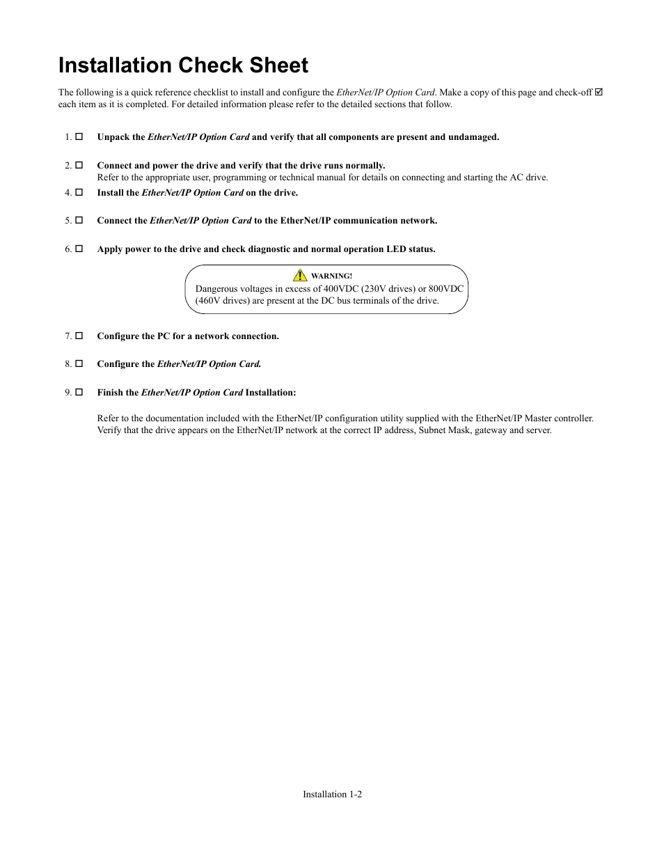 Installation check sheet, Installation check sheet -2 | Yaskawa CM092 User Manual | Page 7 / 82
