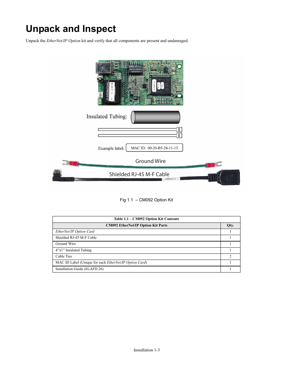 Unpack and inspect, Unpack and inspect -3, Shielded rj-45 m-f cable ground wire | Yaskawa CM092 User Manual | Page 8 / 82