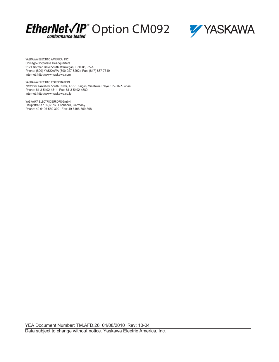 Option cm092 | Yaskawa CM092 User Manual | Page 82 / 82
