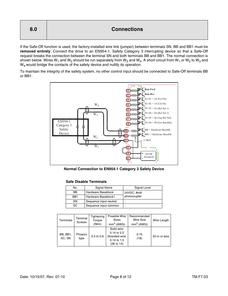 Connections, 0 connections | Yaskawa F7 Drive Safe-Off Option User Manual | Page 10 / 16