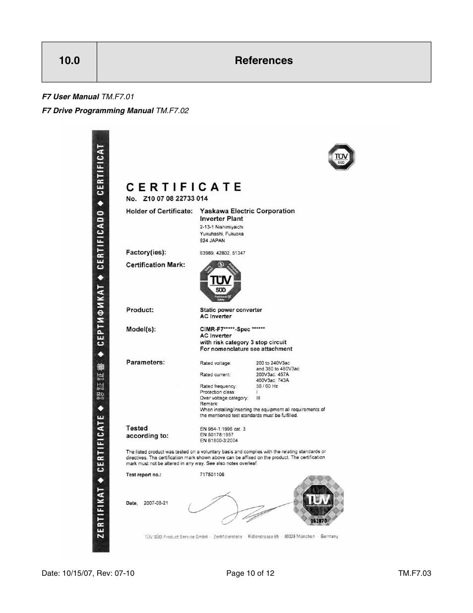 References, 0 references | Yaskawa F7 Drive Safe-Off Option User Manual | Page 12 / 16