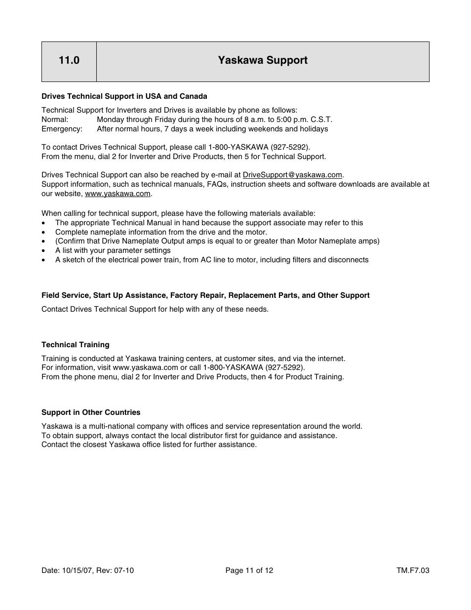 Yaskawa support, 0 yaskawa support | Yaskawa F7 Drive Safe-Off Option User Manual | Page 13 / 16