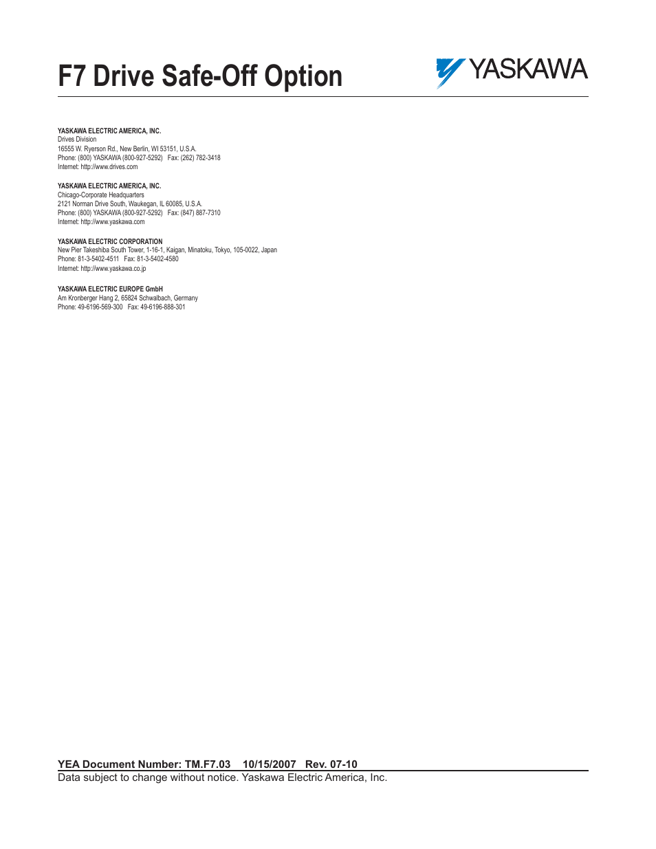 Rear cover, F7 drive safe-off option | Yaskawa F7 Drive Safe-Off Option User Manual | Page 16 / 16