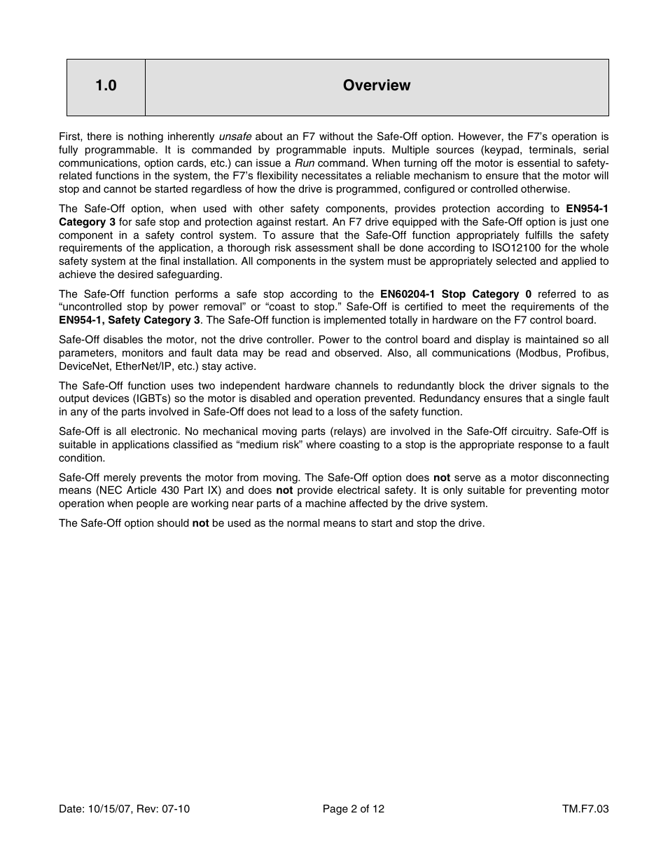 Overview, 0 overview | Yaskawa F7 Drive Safe-Off Option User Manual | Page 4 / 16