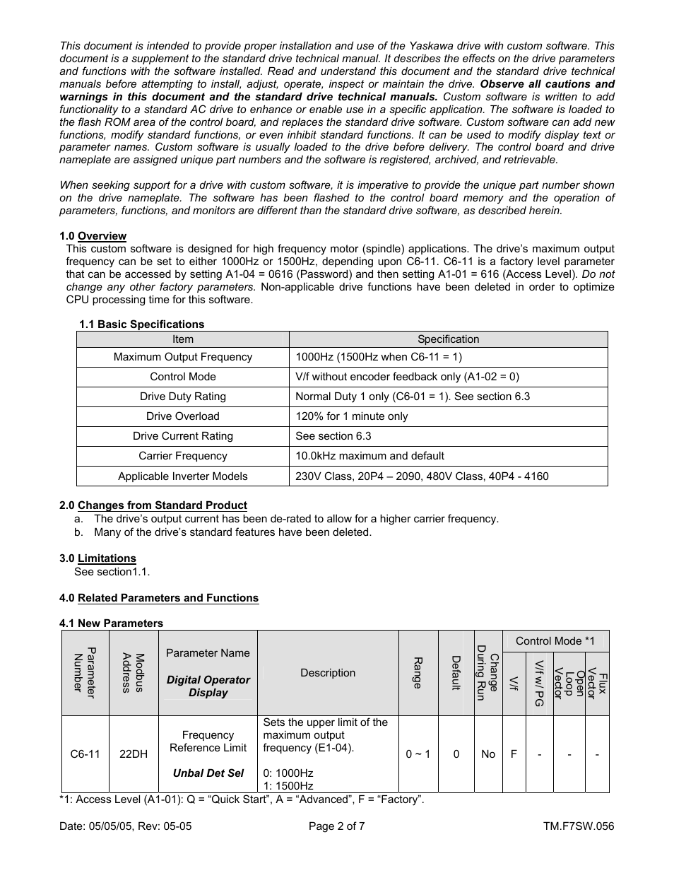 Yaskawa F7 Drive 1500 Hz Output User Manual | Page 2 / 7