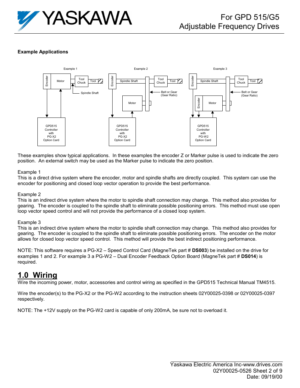 For gpd 515/g5 adjustable frequency drives, 0 wiring, Example applications | Yaskawa GPD515C-ZZZZ-CS104 User Manual | Page 2 / 9