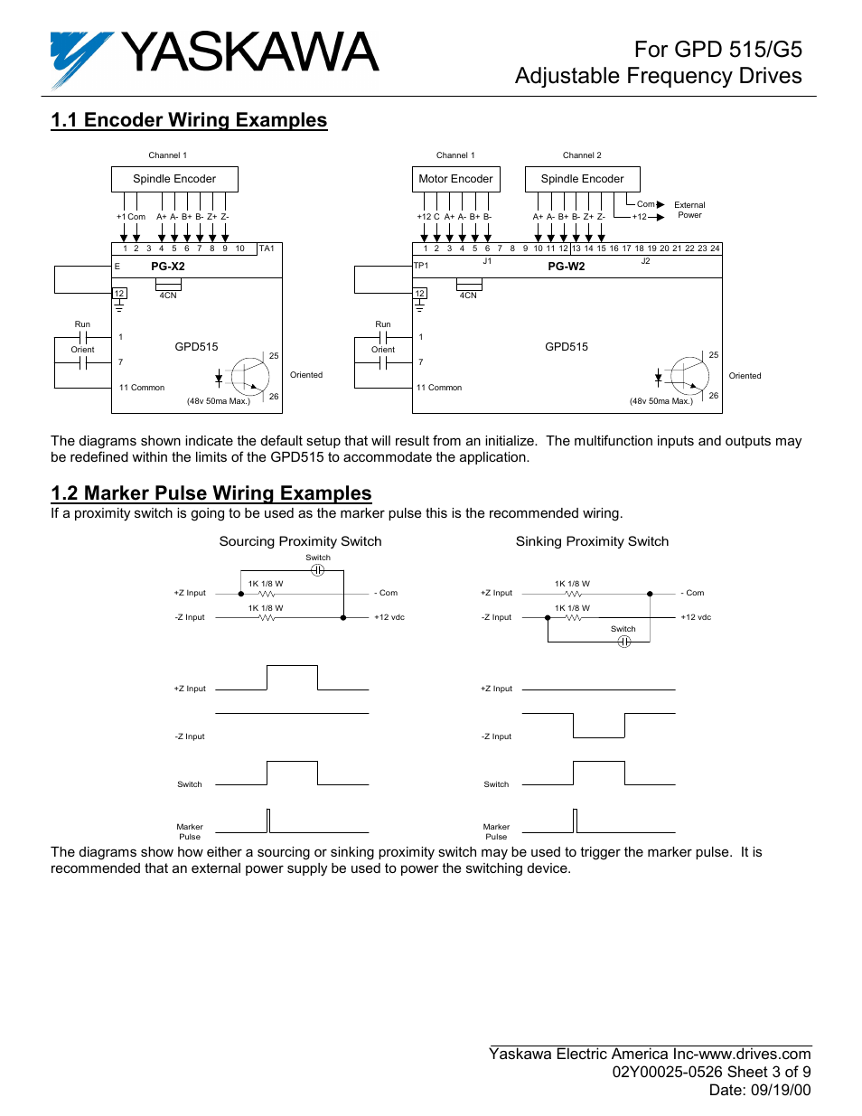 For gpd 515/g5 adjustable frequency drives, 1 encoder wiring examples, 2 marker pulse wiring examples | Sinking proximity switch sourcing proximity switch | Yaskawa GPD515C-ZZZZ-CS104 User Manual | Page 3 / 9