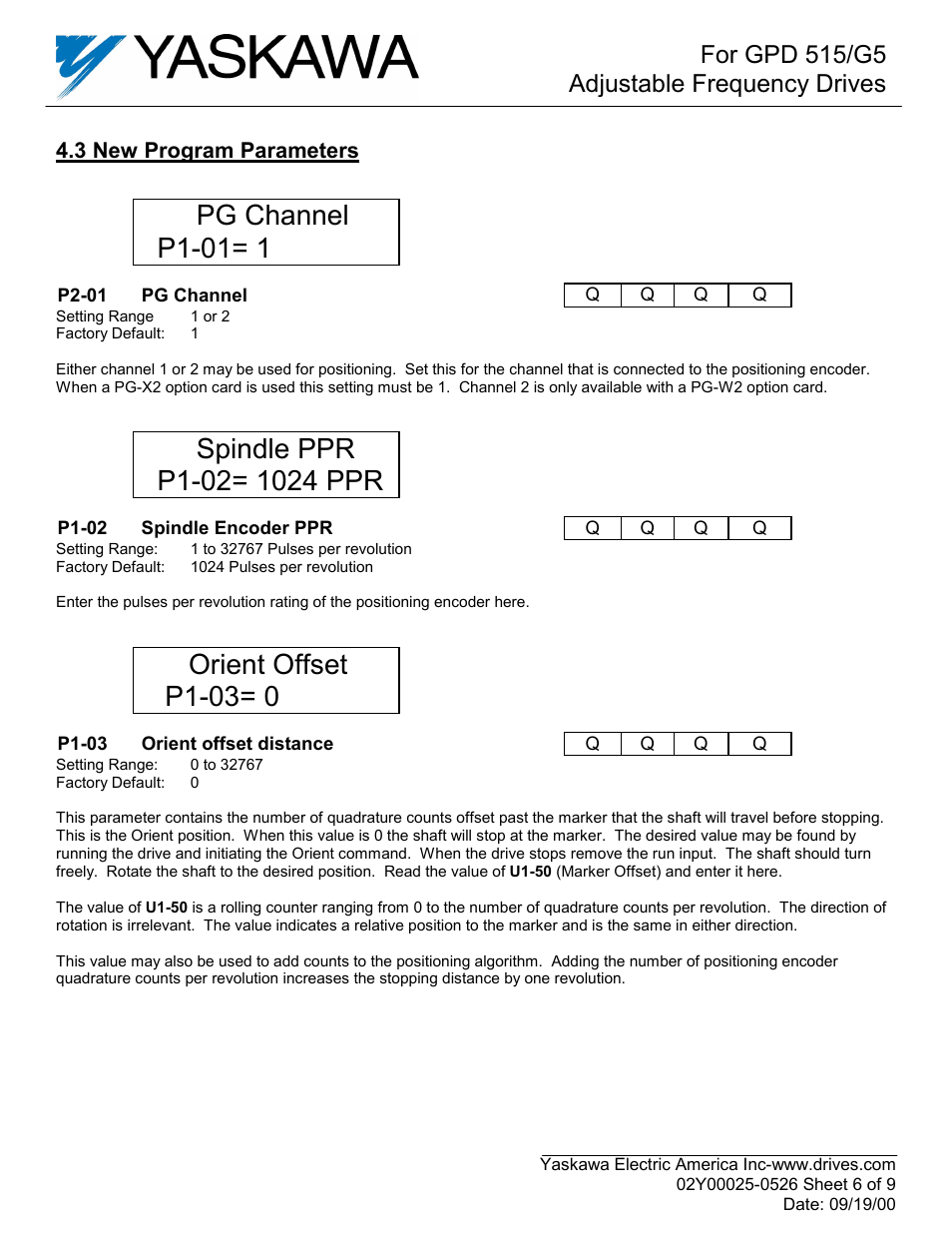 Pg channel p1-01= 1, Orient offset p1-03= 0, For gpd 515/g5 adjustable frequency drives | 3 new program parameters | Yaskawa GPD515C-ZZZZ-CS104 User Manual | Page 6 / 9