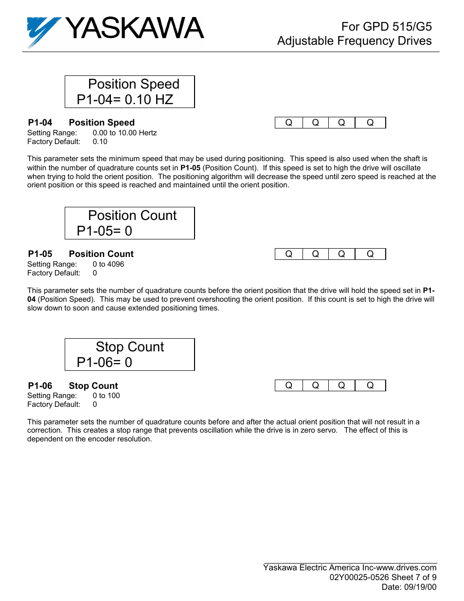 Position count p1-05= 0, Stop count p1-06= 0, For gpd 515/g5 adjustable frequency drives | Yaskawa GPD515C-ZZZZ-CS104 User Manual | Page 7 / 9