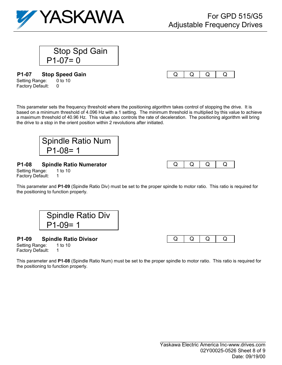Stop spd gain p1-07= 0, Spindle ratio num p1-08= 1, Spindle ratio div p1-09= 1 | For gpd 515/g5 adjustable frequency drives | Yaskawa GPD515C-ZZZZ-CS104 User Manual | Page 8 / 9