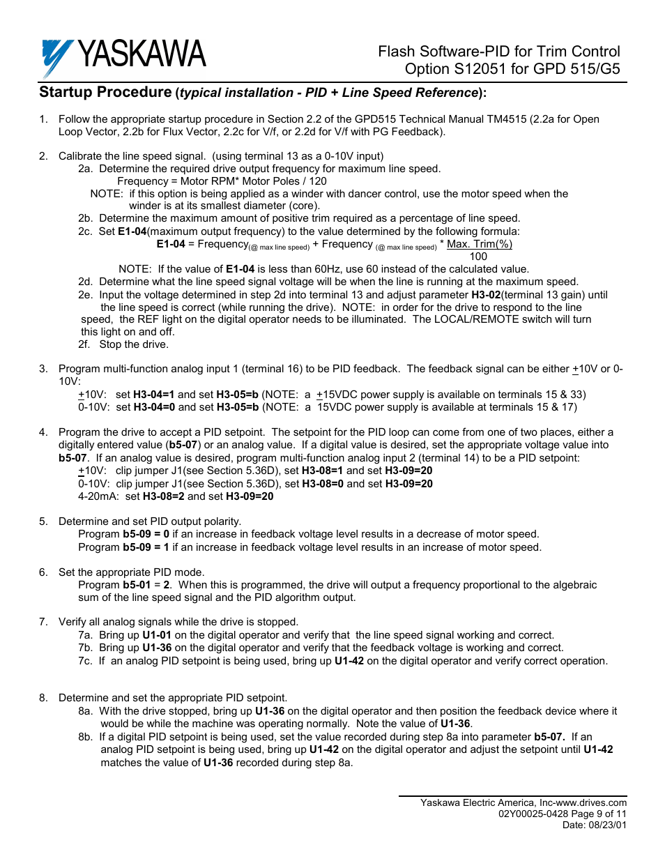 Startup procedure | Yaskawa S12051 for GPD 515/G5 User Manual | Page 9 / 11