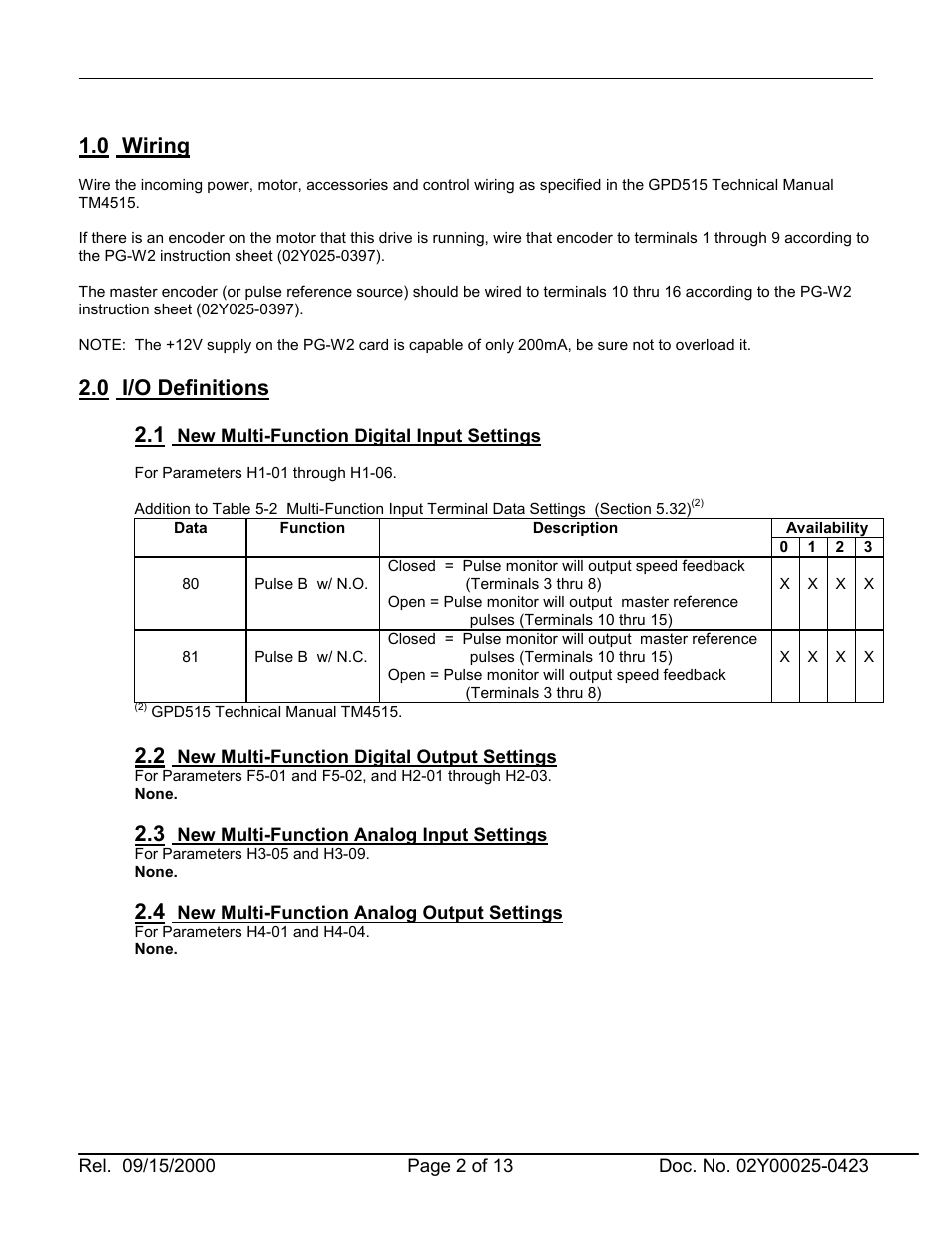 0 wiring, 0 i/o definitions | Yaskawa 2Y25-0423.pdf User Manual | Page 2 / 13