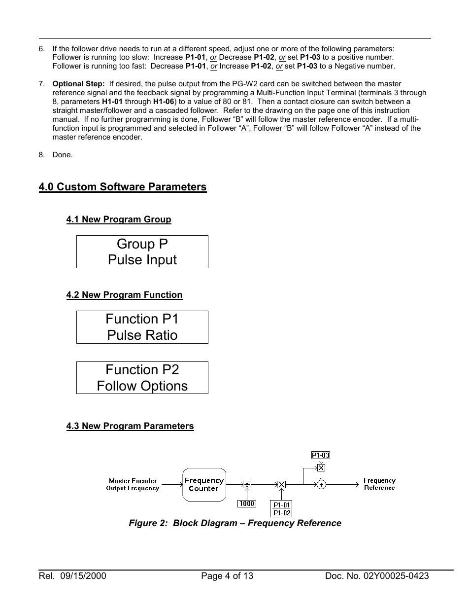 Group p pulse input, Function p1 pulse ratio, Function p2 follow options | Yaskawa 2Y25-0423.pdf User Manual | Page 4 / 13