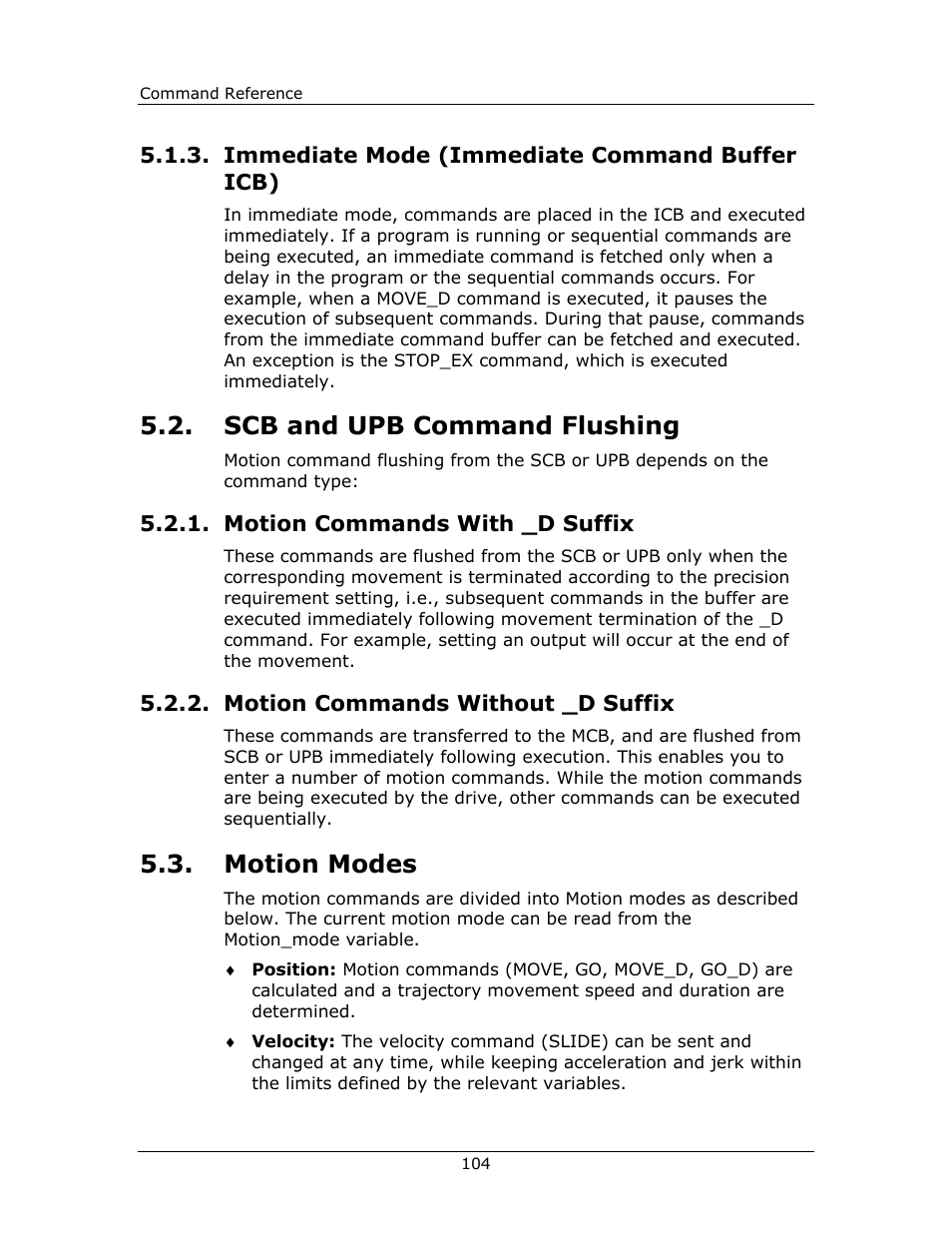 Immediate mode (immediate command buffer icb), Scb and upb command flushing, Motion commands with _d suffix | Motion commands without _d suffix, Motion modes, Motion, Modes, 3, motion modes | Yaskawa FSP Amplifier FlexWorks User Manual | Page 104 / 258