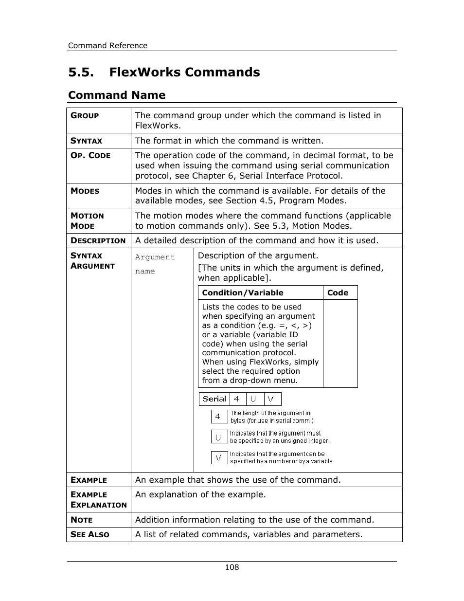 Flexworks commands, Flexworks, Commands | Command name | Yaskawa FSP Amplifier FlexWorks User Manual | Page 108 / 258