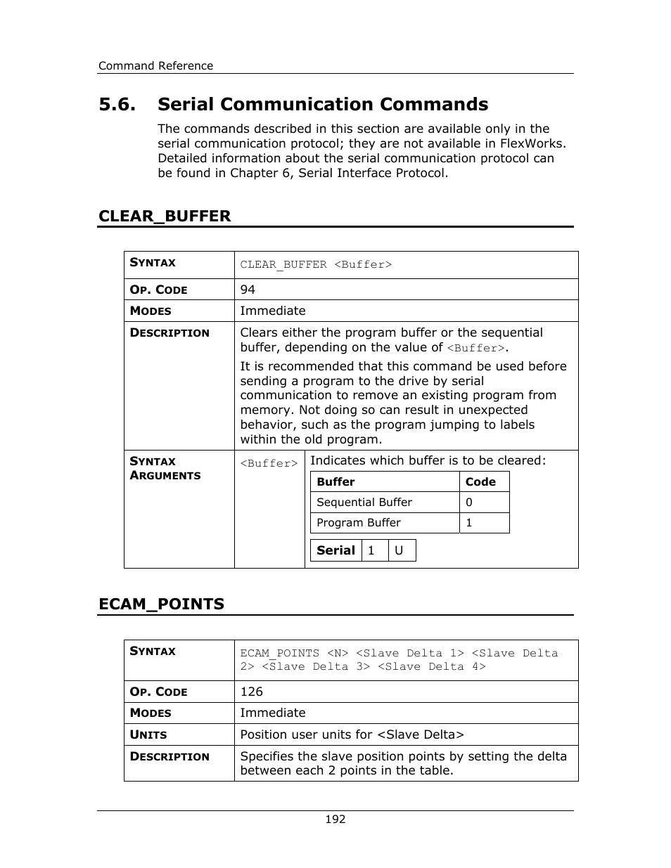 Serial communication commands, Serial, Communication | Commands, Clear_buffer ecam_points, Clear_buffer, Ecam_points | Yaskawa FSP Amplifier FlexWorks User Manual | Page 192 / 258