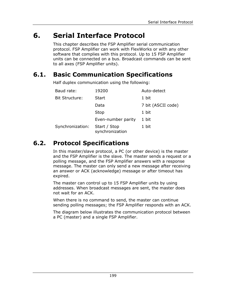 Serial interface protocol, Basic communication specifications, Protocol specifications | Basic, Communication, Specifications, Protocol, 6, serial interface protocol, 6, serial interface | Yaskawa FSP Amplifier FlexWorks User Manual | Page 199 / 258
