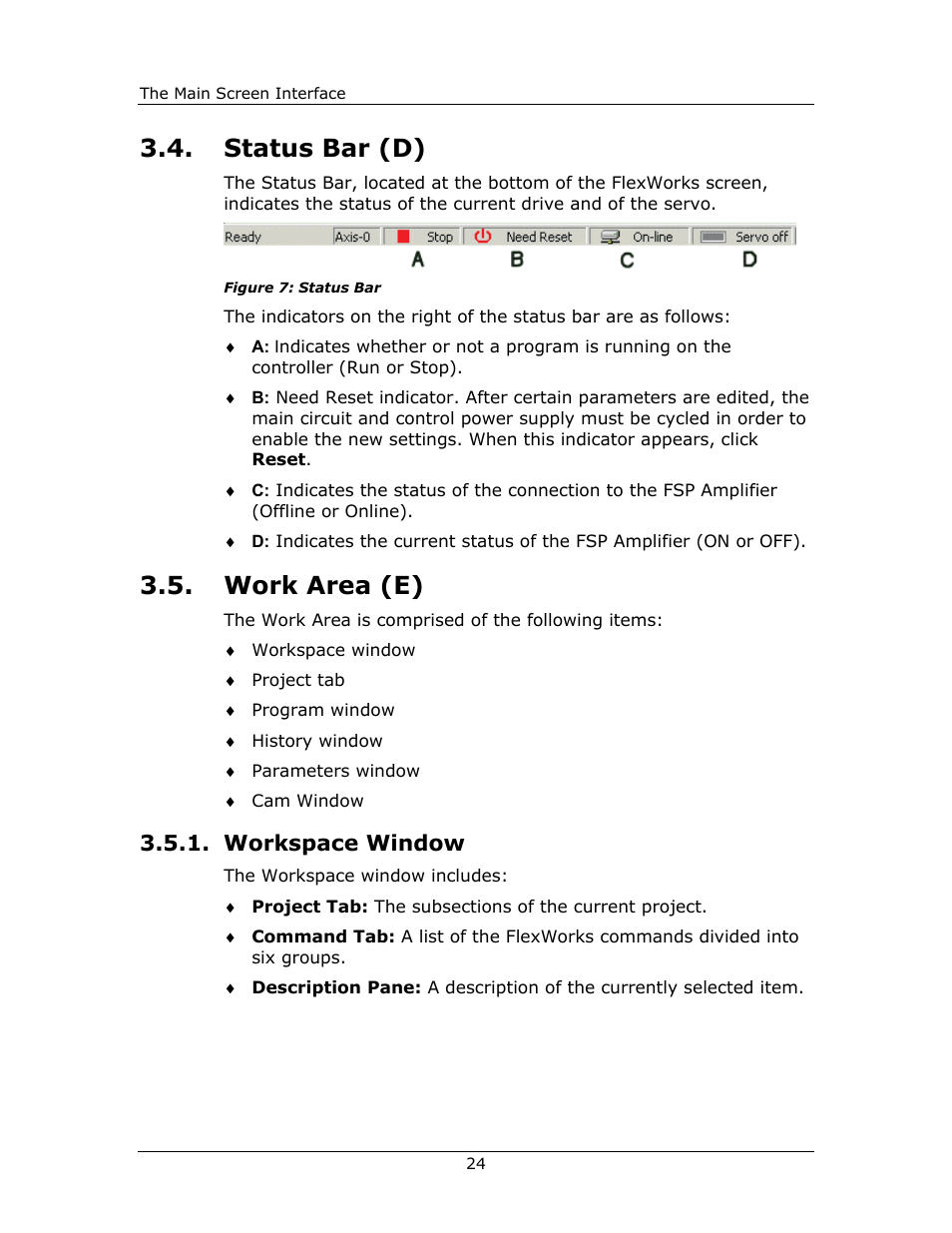 Status bar (d), Work area (e), Workspace window | Status, Workspace, Window | Yaskawa FSP Amplifier FlexWorks User Manual | Page 24 / 258