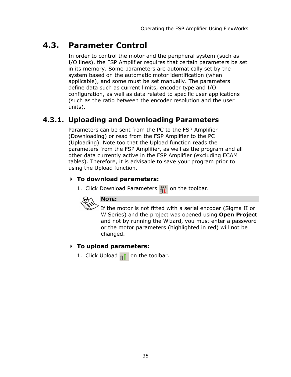Parameter control, Uploading and downloading parameters, Parameter | Control | Yaskawa FSP Amplifier FlexWorks User Manual | Page 35 / 258
