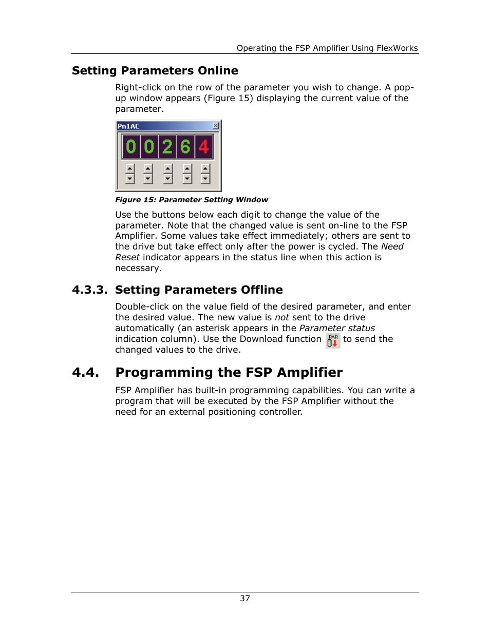 Setting parameters online, Setting parameters offline, Programming the fsp amplifier | Setting parameters online 4.3.3 | Yaskawa FSP Amplifier FlexWorks User Manual | Page 37 / 258