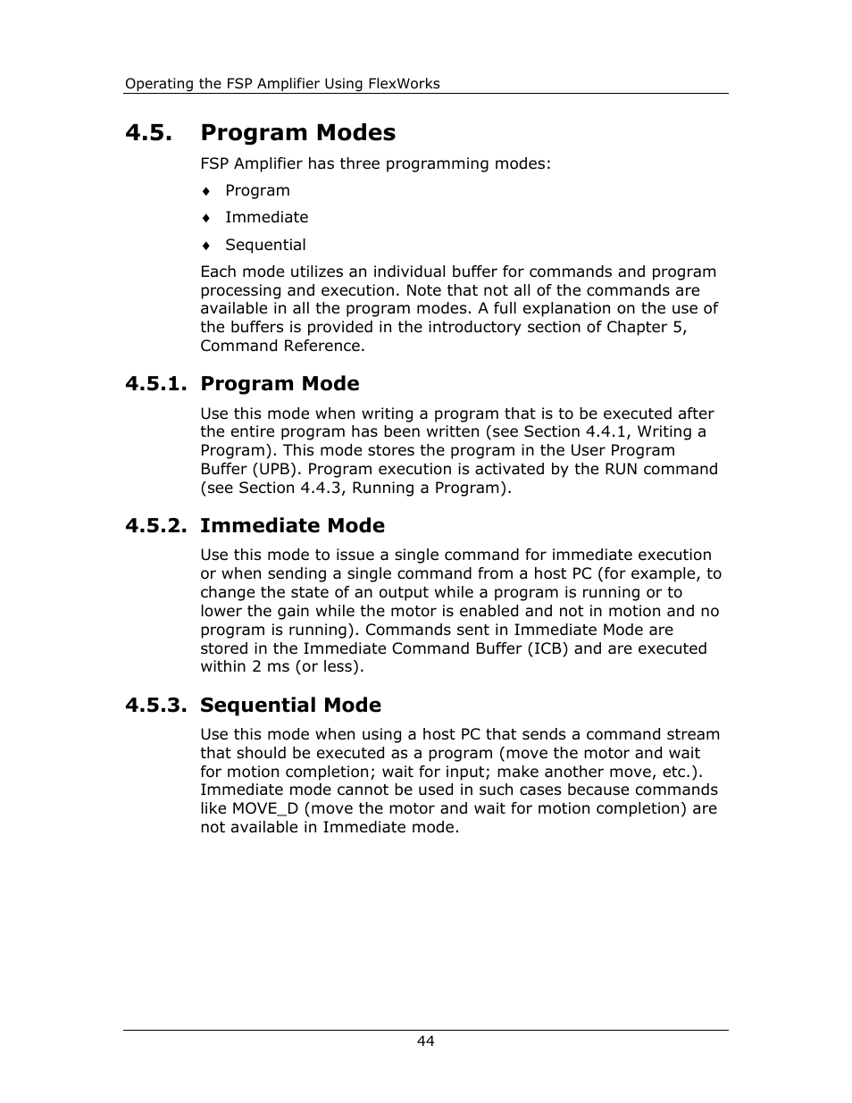 Program modes, Program mode, Immediate mode | Sequential mode, Program, Modes, Mode, Immediate, Sequential, 5, program modes | Yaskawa FSP Amplifier FlexWorks User Manual | Page 44 / 258