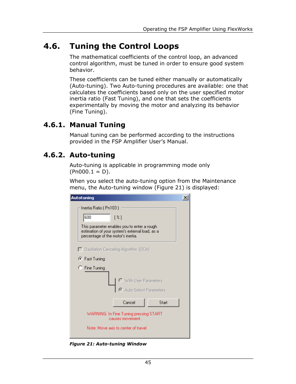 Tuning the control loops, Manual tuning, Auto-tuning | Manual, Tuning | Yaskawa FSP Amplifier FlexWorks User Manual | Page 45 / 258