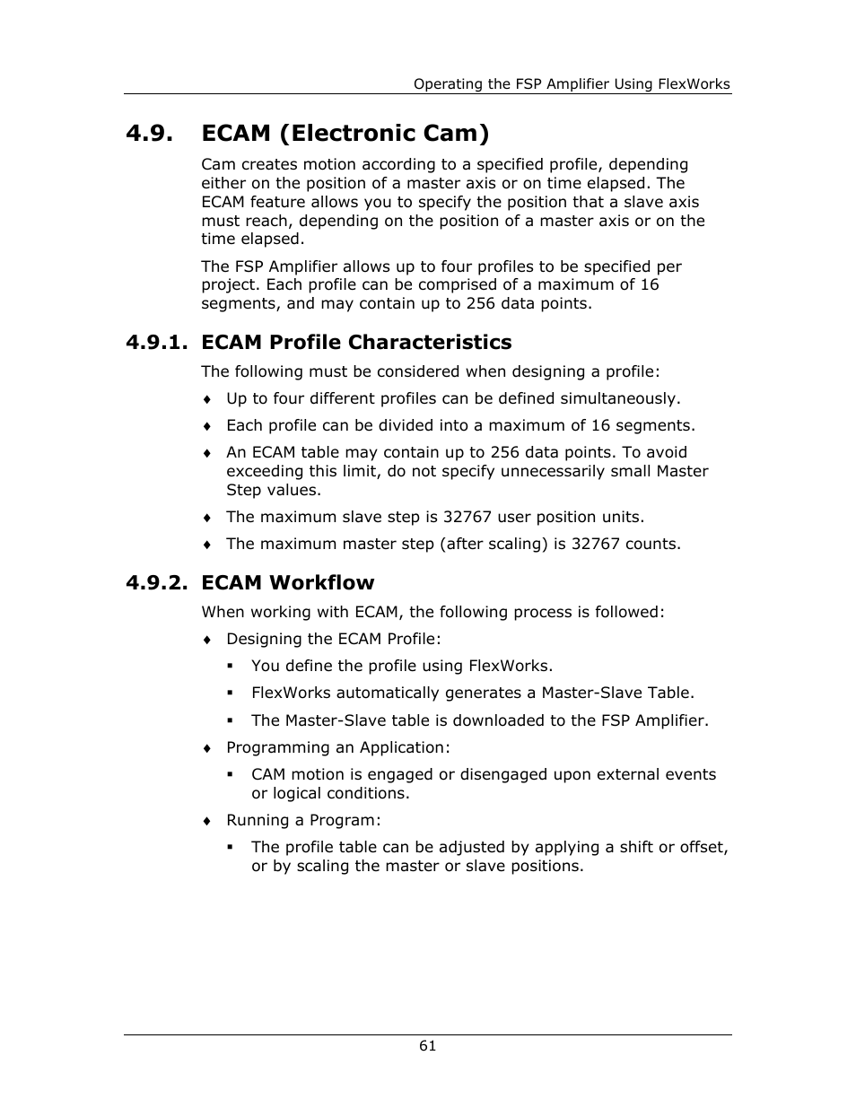 Ecam (electronic cam), Ecam profile characteristics, Ecam workflow | Ecam, Workflow | Yaskawa FSP Amplifier FlexWorks User Manual | Page 61 / 258