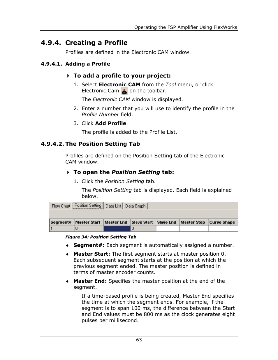 Creating a profile, Creating, Profile | Adding a profile, The position setting tab | Yaskawa FSP Amplifier FlexWorks User Manual | Page 63 / 258